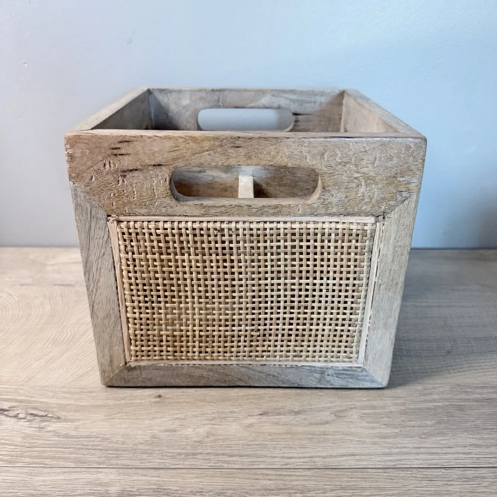 Pier 1 Utensil Caddy Wood Woven Rattan 4 Compartment Flatware Organizer